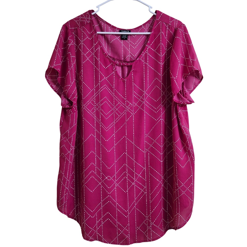 Torrid Harper Plus Size 2 2X Pink Geometric Dotted Keyhole Blouse Short Sleeve
